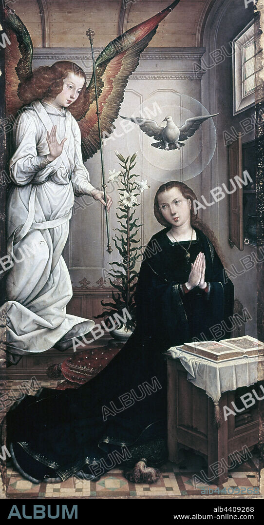 JUAN DE FLANDES (1460-1519). FLANDES, JUAN DE PINTOR FLAMENCO. 1460-1519 ACTIVO EN ESPÑA DESDE 1496 LA ANUNCIACION  RETABLO CATEDRAL DE PALENCIA VIRGEN MARIA ,ARCANGEL GABRIEL , ESPIRITU SANTO.
