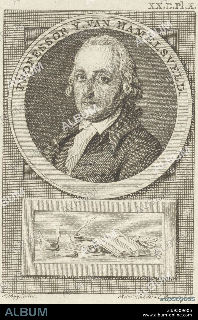 Portrait of IJsbrand van Hamelsveld, professor of theology in Utrecht Below the portrait are books, an oil lamp and an inkwell with quill Top right: XXDPlX, Portrait of IJsbrand van Hamelsveld, print maker: Reinier Vinkeles (I), (mentioned on object), print maker: Cornelis Bogerts, (mentioned on object), print maker: M. de Bruyn, (rejected attribution), Amsterdam, 1783 - 1795, paper, etching, engraving, h 128 mm × w 102 mm.