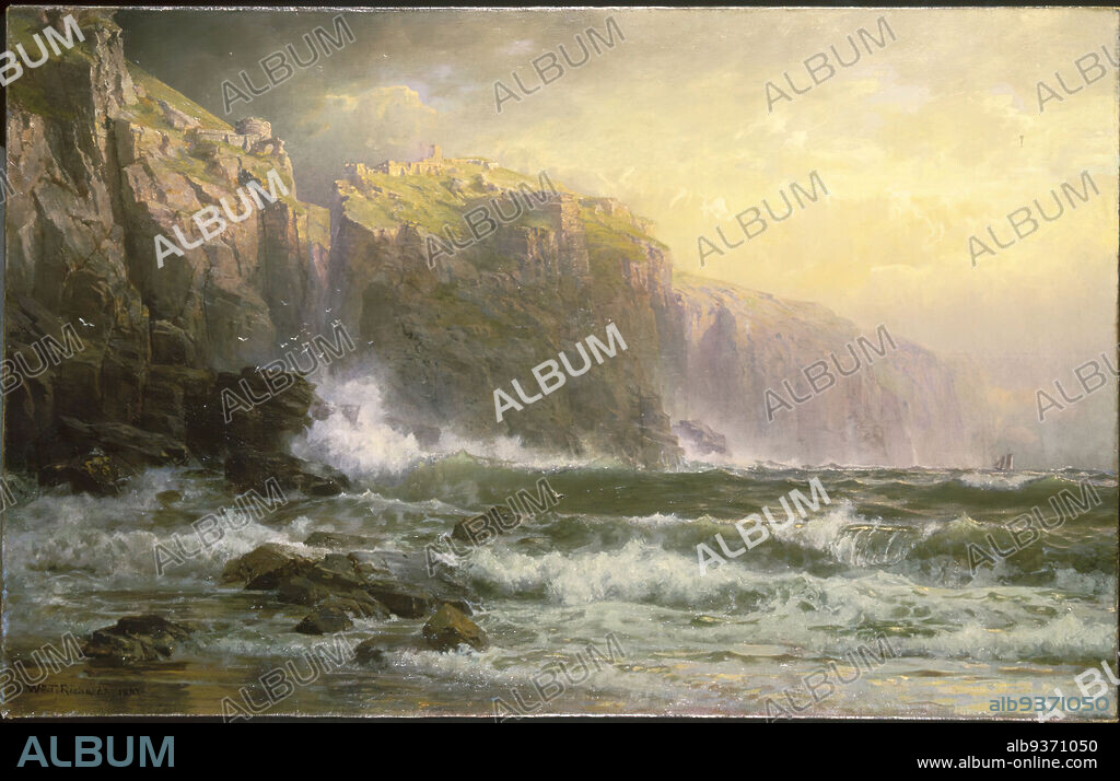 The League Long Breakers Thundering on the Reef, William Trost Richards, American, 1833-1905, Oil on canvas, 1887, 28 3/16 x 44 1/8in., 71.6 x 112.1cm, 1887, American Painting, beach, boulders, cliff, cliffs, crashing, marine, ocean, oil on canvas, rocks, seascape, shore, sky, waves.