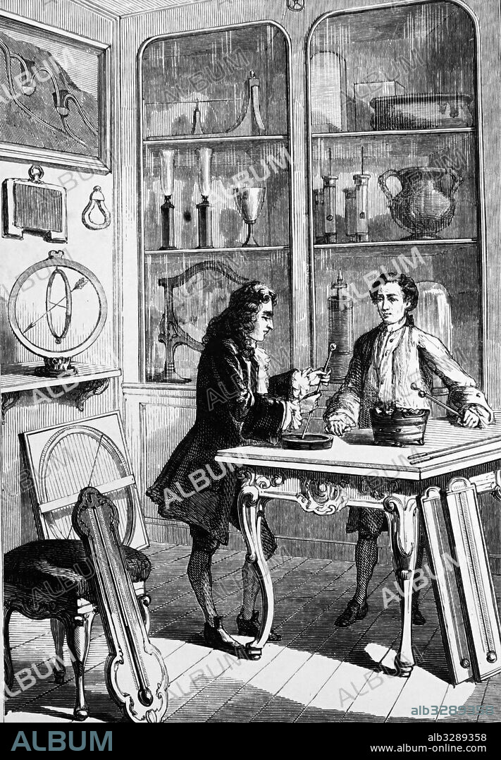 Engraving depicting Rene Antoine Ferchault de Reaumur (1683-1757) a French scientist, seen construction a thermometer. Dated 18th Century.