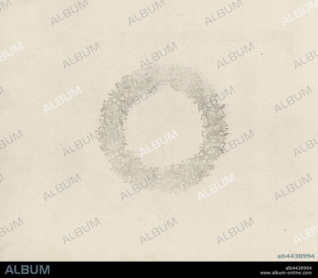 Ornamental flower wreath, Thesaurus sacrarum historiaru [m] veteris testame [n] ti, elega [n] tissimis imaginibus expressu [m] excelle [n] tissimoru [m] in hac arte viroru [m] opera: now [n] c primu [m] in luce [m] editus (series title), Antwerp, 1579, paper, counterproof, d 135 mm.