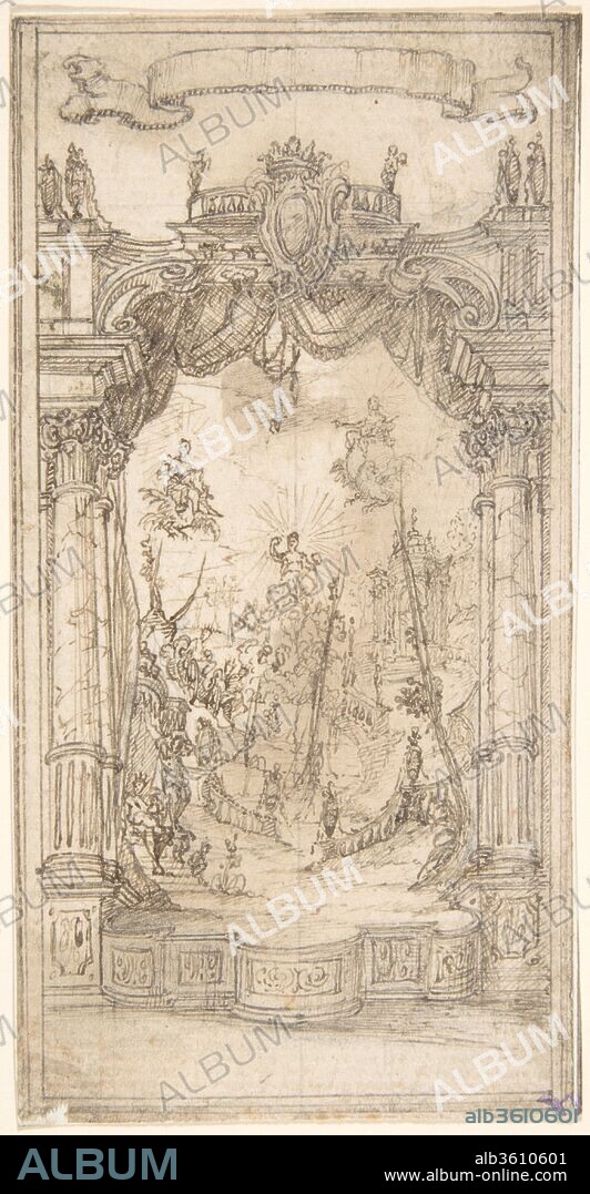 Design for a Stage Set or Illustration in a Fête Book with a Blank Scroll Above. Artist: Anonymous, Italian, first half of the 18th century. Dimensions: 5-3/8 x 2-11/16 in.  (13.6 x 6.9 cm). Date: 18th century.