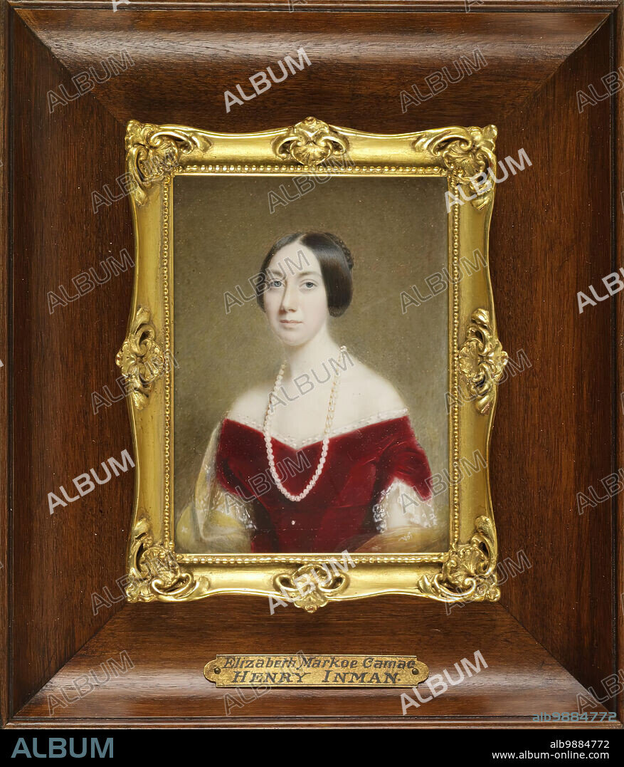 HENRY INMAN. Elizabeth Baynton Markoe Camac, c1840. Waist-length portrait of Elizabeth Baynton Markoe (1807-1886), who married William Masters Camac in 1829. She is shown with straight black hair, parted in the centre, wearing a low-cut red velvet dress with short sleeves trimmed with lace. She has one long strand of pearls around her neck, and a yellow shawl draped over her lower arms.