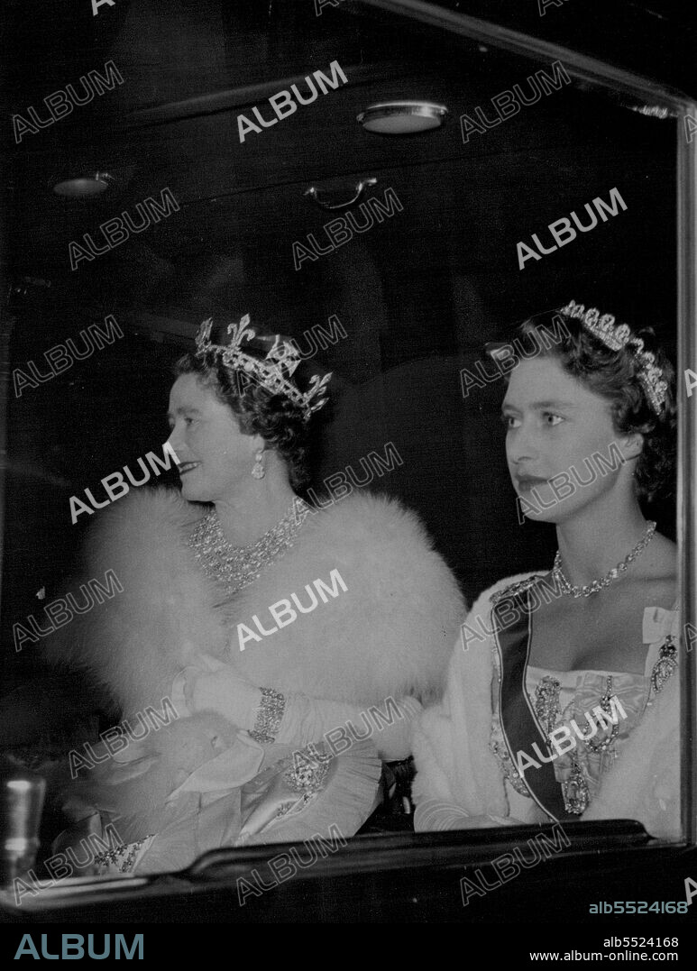 Queen Mother, Princess Margaret, Drive To Banquet For Portuguese President.A graciously smiling Queen Mother, a pensive Princess Margaret, drive in the state coach to the Buckingham Palace banquet.President Craveiro Lopes of Portugal arrived in London with his wife Tuesday on a State Visit, the first such form a Portuguese President for more than half a century. The Portuguese visitors were welcomed on disembarkation at Westminster Pier by Queen Elizabeth and other members of the British Royal Family. During the afternoon President and Madame Lopes went to Britain's historic Westminster Abbey. In the evening they were guests of honor at a state banquet in Buckingham Palace. October 25, 1955. (Photo by Daily Express Picture).