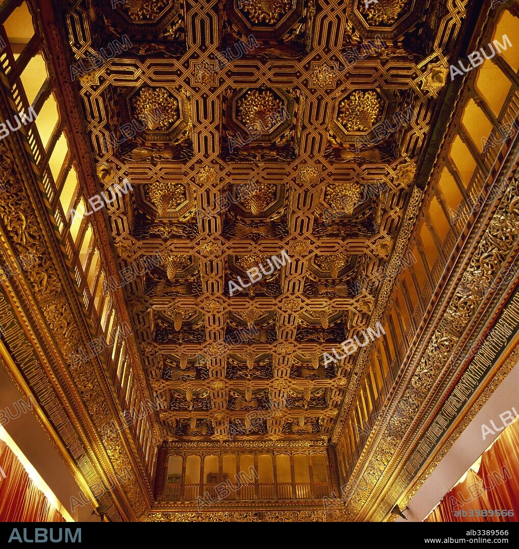 Aljaferia Palace. Palace of the Catholic Monarchs. 15th century. Coffered ceiling of the Throne Room, on Mudejar style. Zaragoza, Aragon, Spain.