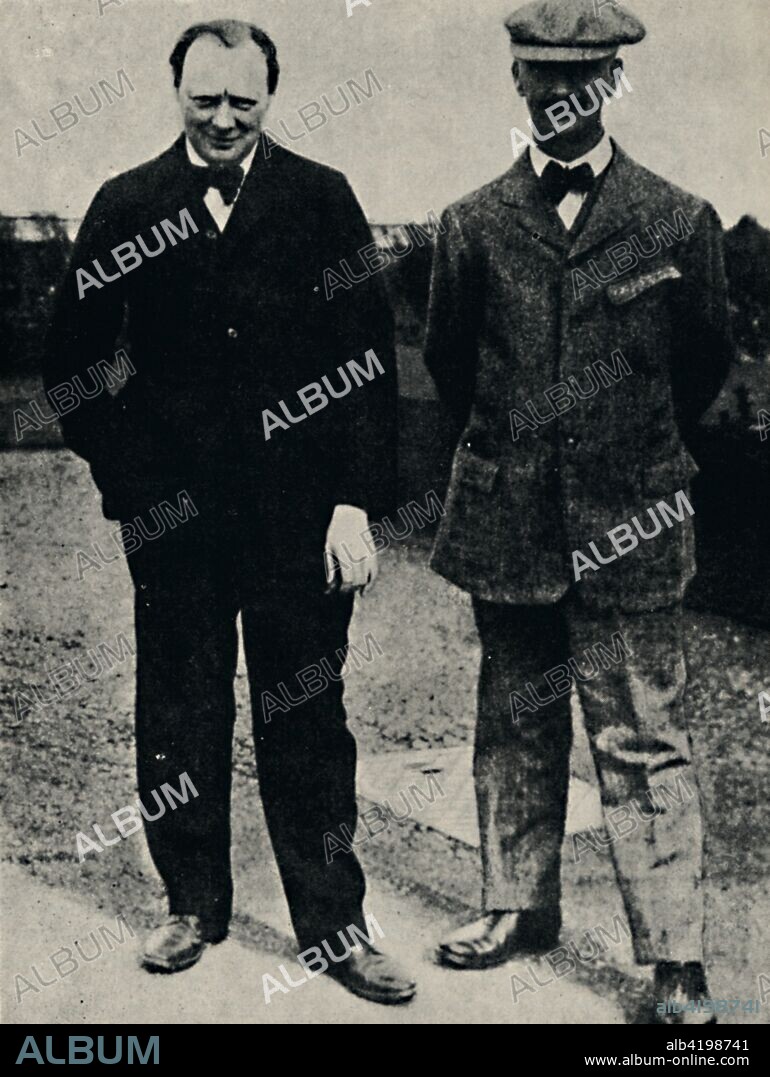'Winston Churchill and George Lambert', 1912, (1945). British politicians Sir Winston Churchill (1874-1965), First Lord of the Admiralty, and George Lambert, 1st Viscount Lambert (1866-1958) at Sandwich in Kent. Lambert was Civil Lord of the Admiralty from 1905 to 1915. Churchill was Prime Minister of the United Kingdom from 1940 to 1945, and again from 1951 to 1955. From "The Life and Times of Winston Churchill", by Malcolm Thomson. [Odhams Press Limited, London].