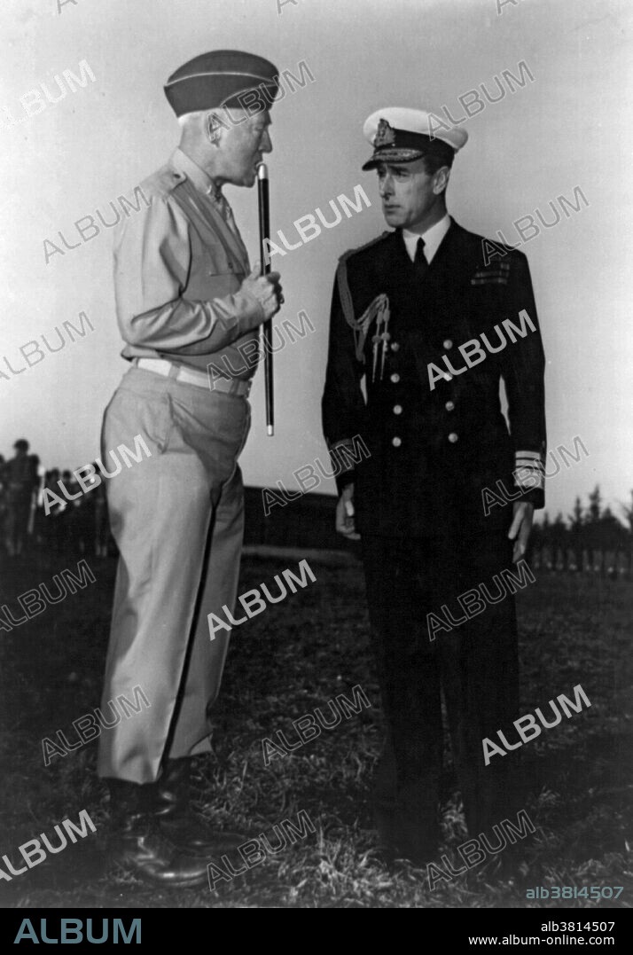Major General Patton, Commander of US Forces in French Morocco, compares notes at Camp Anfa, near Casablanca, with Vice Admiral Mountbatten of Great Britain, Chief of Combined Operations. Photo was taken on the field the day President Roosevelt reviewed American troops at the camp, January 1943. George Smith Patton, Jr. (November 11, 1885 - December 21, 1945) was a general in the United States Army best known for his command of the Seventh United States Army, and later the Third United States Army, in the European Theater of World War II. Admiral of the Fleet Louis Francis Albert Victor Nicholas Mountbatten, 1st Earl Mountbatten of Burmaborn (June 25, 1900 - August 27, 1979) was a British statesman and naval officer.