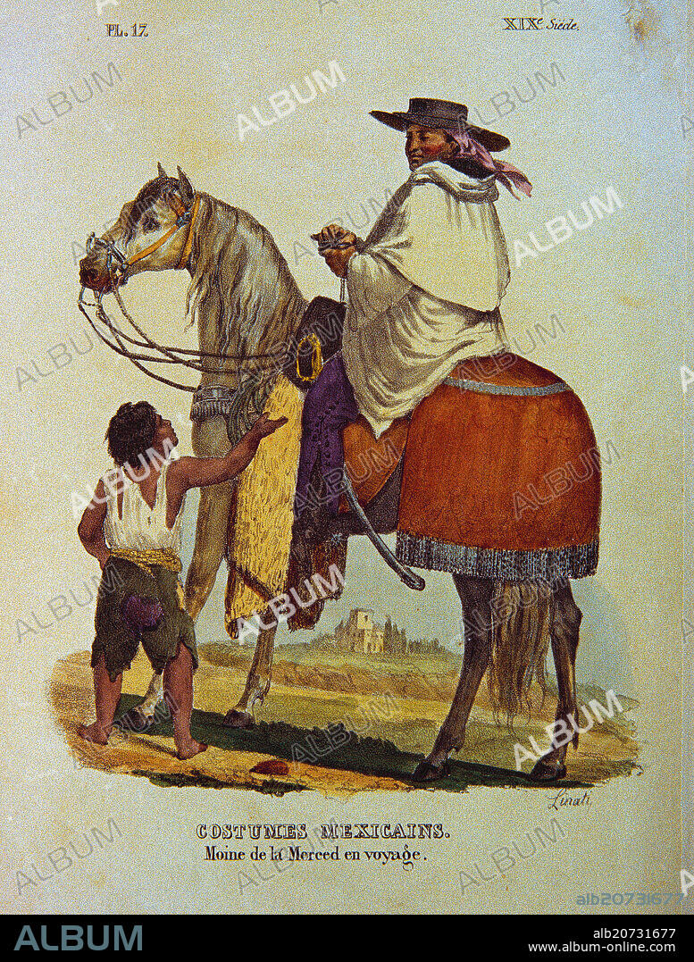 CLAUDIO LINATI. Book of "civil, military and religious clothes of Mexico". 1828. Boy Begging for Alms to a Traveller. Madrid, Museum of America.