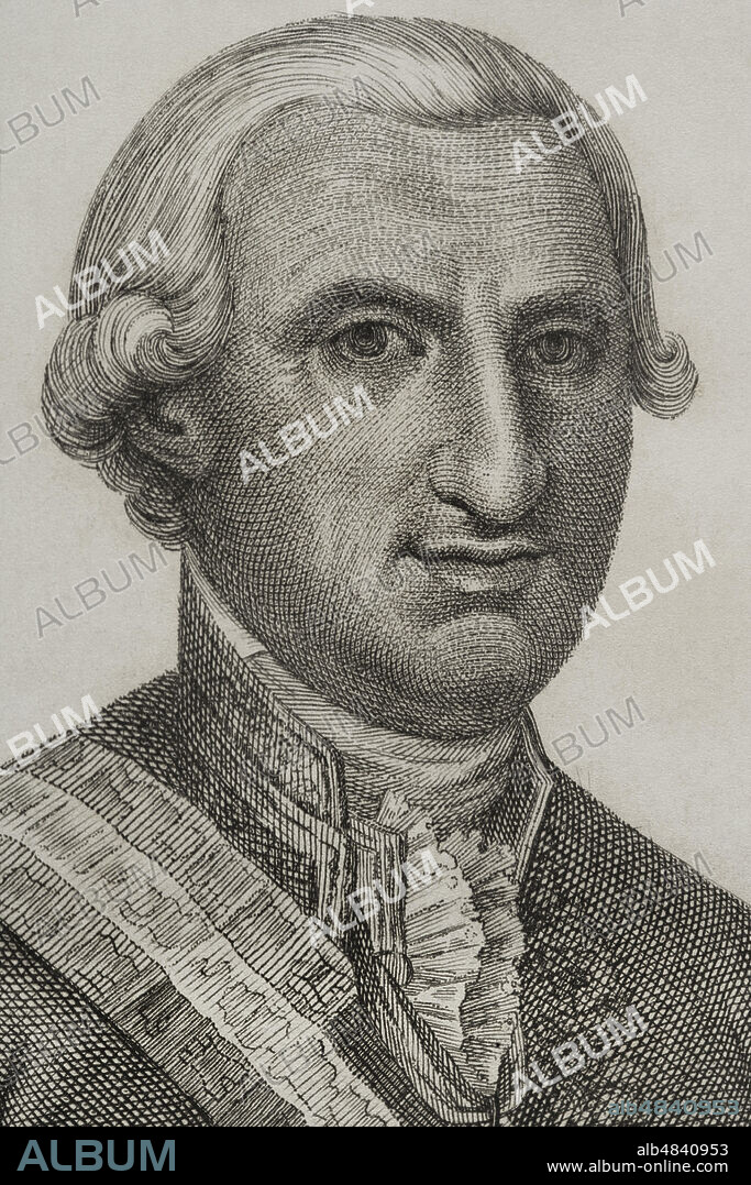 Carlos IV de España (1748-1819). Rey de España entre 1788 y 1808. Perteneciente a la dinastía Borbón. Ilustración por Antonio Gómez. Grabado por Domingo Martinez, detalle. "Historia del Levantamiento, Guerra y Revolución de España", por el conde de Toreno. Madrid,1851.