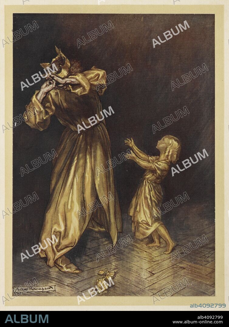 ARTHUR RACKHAM and NATHANIEL HAWTHORNE. King Midas turning a child to gold from The Golden Touch. Hawthorne's Wonder Book...Illustrated by Arthur Rackham. London : Hodder & Stoughton, [1922]. 'Little Marygold was a human child no longer, but a golden statue!'. Source: 04504.h.24 facing p.64.