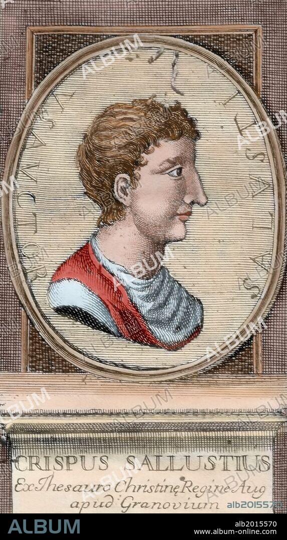 SALUSTIO CRISPO, Cayo (Caius Salustius Crispus) (Amiterno, h.86-35 a.C.). Historiador romano. Grabado coloreado del año 1772.