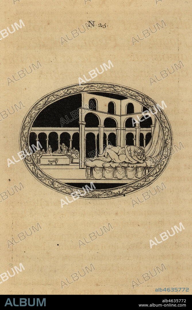 Emperor Caligula seducing Livia Orestilla while her husband C. Calpurnius Piso is still dining in another room. Caligula est a table, voit la femme de Pison, en devient amoureux, se leve, et lentraine dans une autre chambre. Copperplate engraving from Pierre-Francois d'Hancarvilles Monumens de la Vie Privee des Douze Cesars, Chez Sabellus, Capri (Monuments of the Private Lives of 12 Caesars, Leclerc, Nancy) 1780. From imaginary Spintria, medals and cameos.