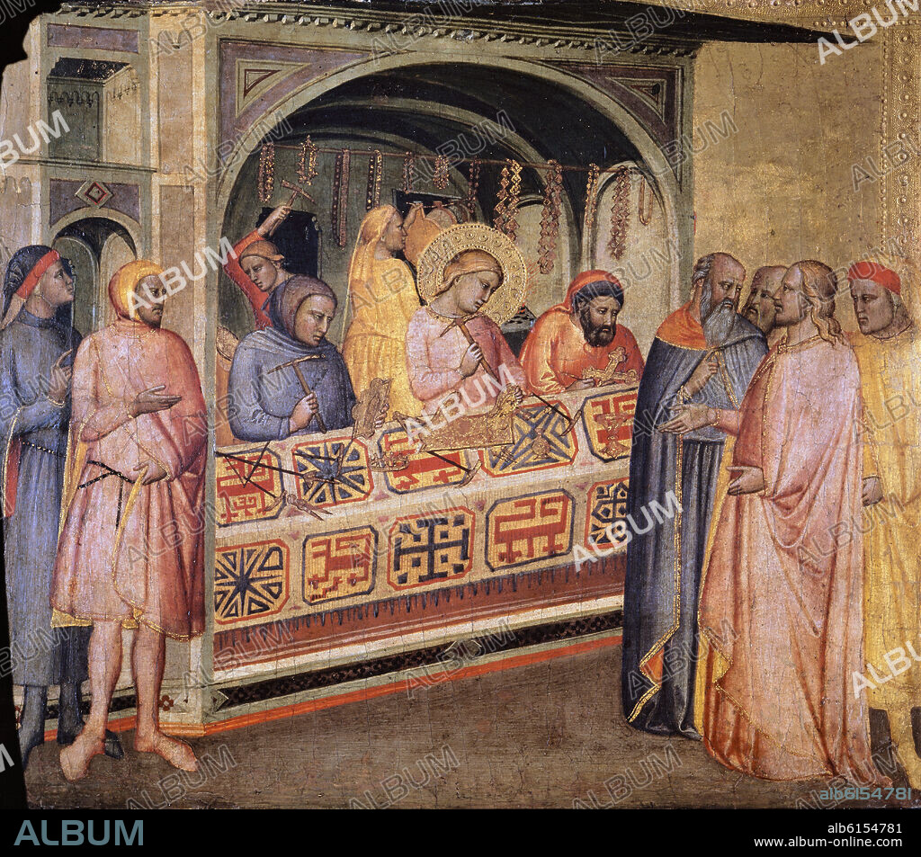 MAESTRO DE LA MADONNA DE LA MISERICORDIA. SAN ELOY EN EL TALLER DE ORFEBRERIA - HACIA 1370 -TABLA/DORADO/TEMPERA - 35x39 cm - NP 2842 - GOTICO ITALIANO.