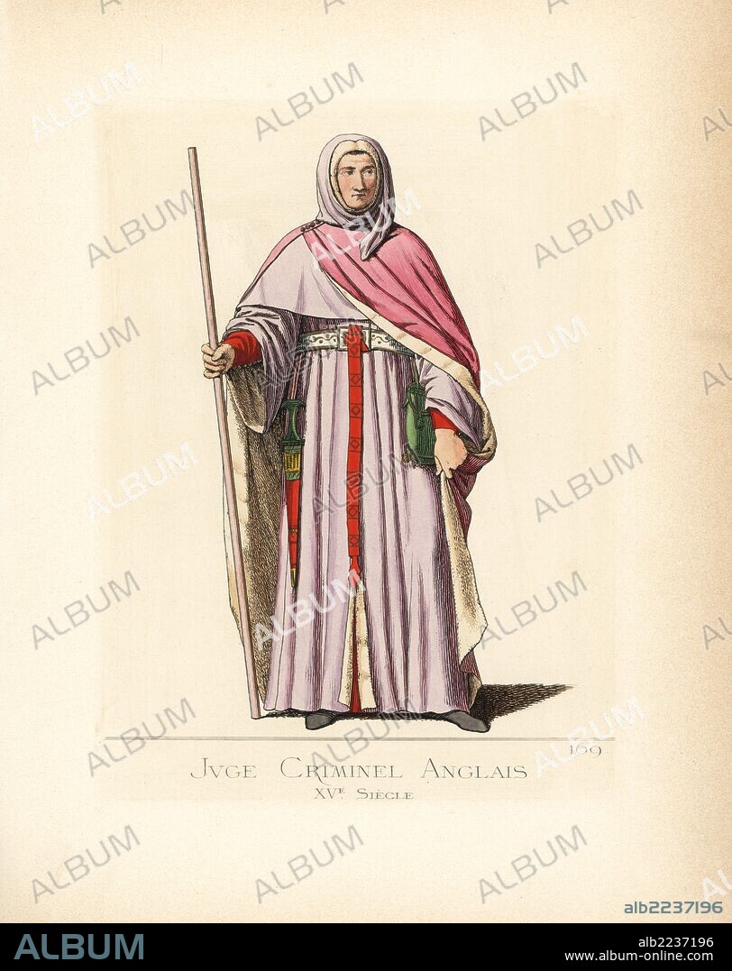 Costume of an English criminal judge, 15th century. He wears an ermine-lined cape secured at the shoulder with a brooch, ermine-lined hood and robe, green purse with gold clasp. He wears a dagger called an anelacium from his belt. From a sepulchral monument to Sir William Gascoigne, Chief Justice of England during the reign of King Henry IV, in Harewood Church. Handcoloured illustration drawn and lithographed by Paul Mercuri with text by Camille Bonnard from "Historical Costumes from the 12th to 15th Centuries," Levy Fils, Paris, 1861.