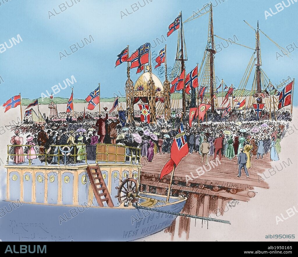 Fridtjof Nansen (1861-1930). Norwegian explorer, scientist, diplomat, humanitarian and Nobel Peace Prize laureate in 1922. Arrival of Nansen at Trondheim. Engraving in "The Artistic Illustration", 1896. Colored.