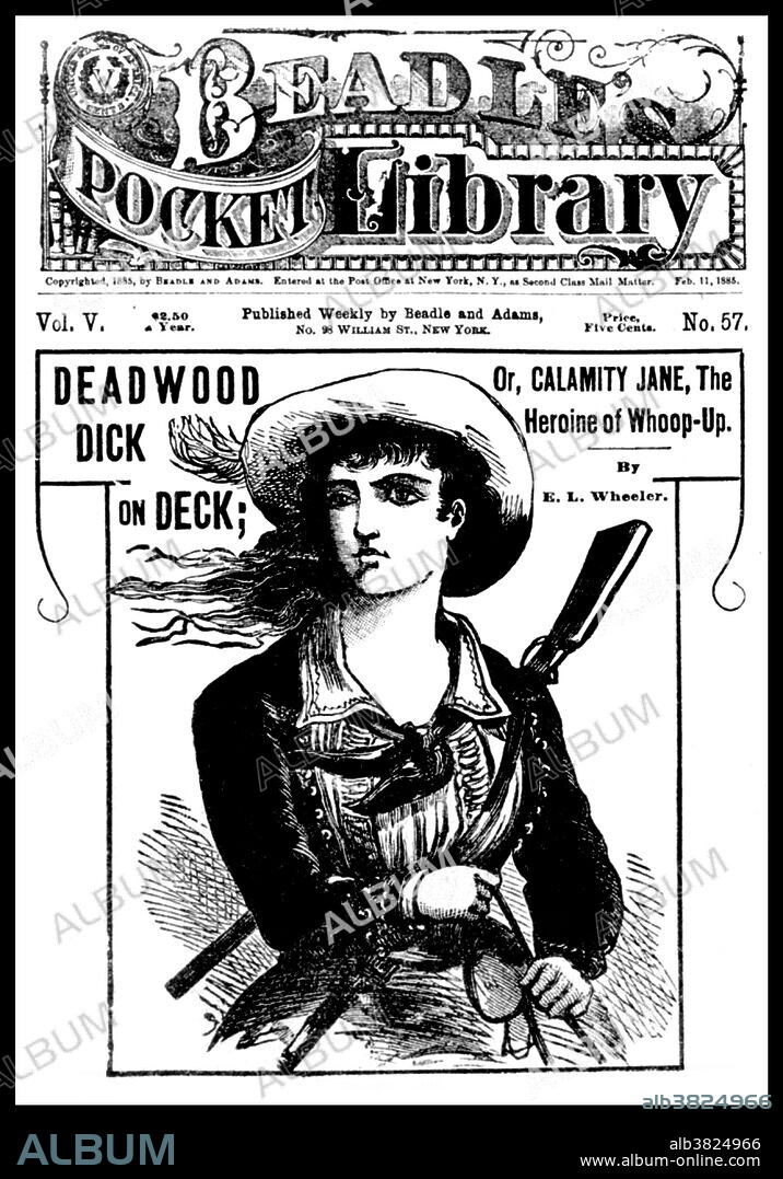 In 1860, the publishers Erastus and Irwin Beadle released a series of cheap paperbacks, Beadle's Dime Novels. Dime novels varied in size, even in the first Beadle series, but were mostly about 6.5 by 4.25 inches, with 100 pages. The first 28 were published without a cover illustration, in a salmon-colored paper wrapper. A woodblock print was added in issue 29, and the first 28 were reprinted with illustrated covers. The books were priced, of course, at ten cents. Most of the stories were frontier tales reprinted from the numerous serials in the story papers and other sources, but many were original stories. Deadwood Dick is a fictional character who appears in a series of dime novel published between 1877-97 by Edward Lytton Wheeler. The name became so widely known in its time that it was used to advantage by several men who resided in Deadwood, South Dakota. Martha Jane Canary (May 1, 1852 - August 1, 1903), better known as Calamity Jane, was an American frontierswoman and professional scout.