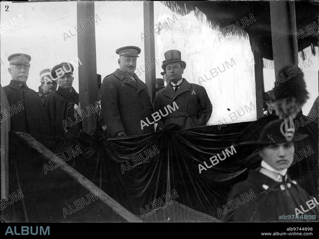 November 19, 1923. The Italian president, Benito Mussolini, with General Miguel primo de Rivera, in the Royal tribune, during Military Maneuvers at the Centocelle airfield in Rome.
