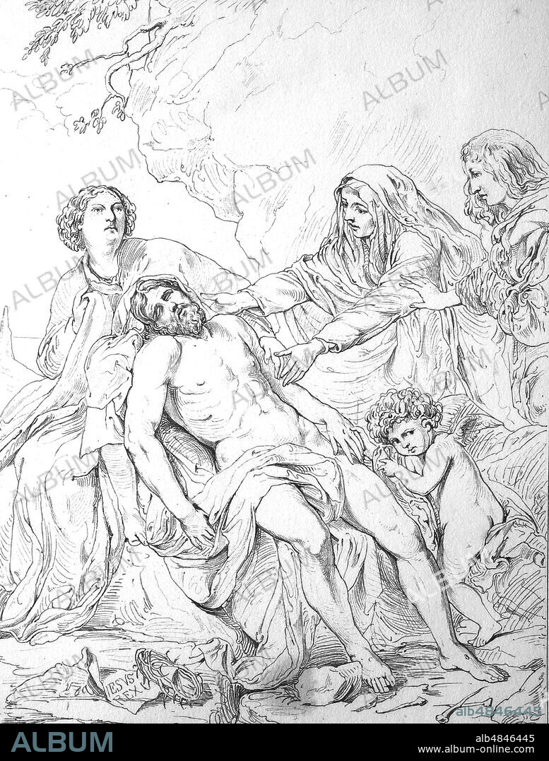 the dead body of Jesus Christ, mourned by his friends, digital improved reproduction of an original print from the year 1881.