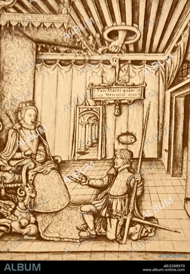 Woodblock print depicting Queen Elizabeth I of England (1533-1603) Queen of England, receiving a manuscript from the poet George Gascoigne. Dated 16th Century.