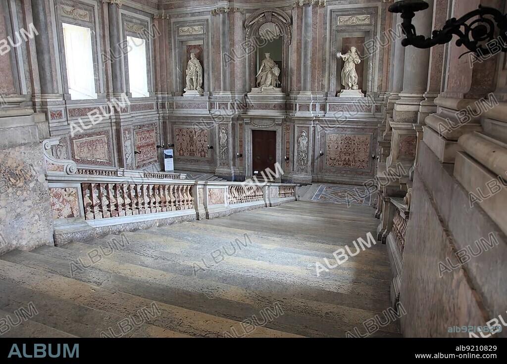 View through the staircase, Royal Palace of Caserta, Palazzo Reale di Caserta, Reggia di Caserta, one of the largest castles in Europe, Unesco World Heritage Site, near Naples, Campania, Italy, Europe.