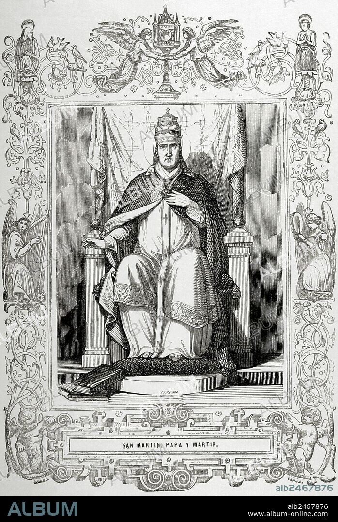 MARTIN I (m.655). Papa número 74 de la Iglesia Católica de 649-655. Mártir. Grabado de Cibera. "Año Cristiano", 1853.
