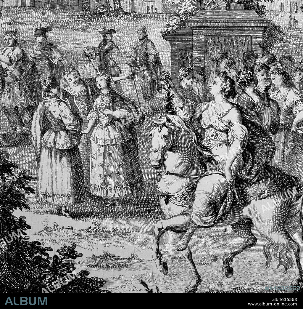 FRANCESC TRAMULLES. Grabado de "Máscara Real" ejecutada por los Gremios de la Ciudad de Barcelona a la llegada de Carlos III con la Reina y la Familia Real., Grabado calcográfico. Aurora a caballo.Año 1764.