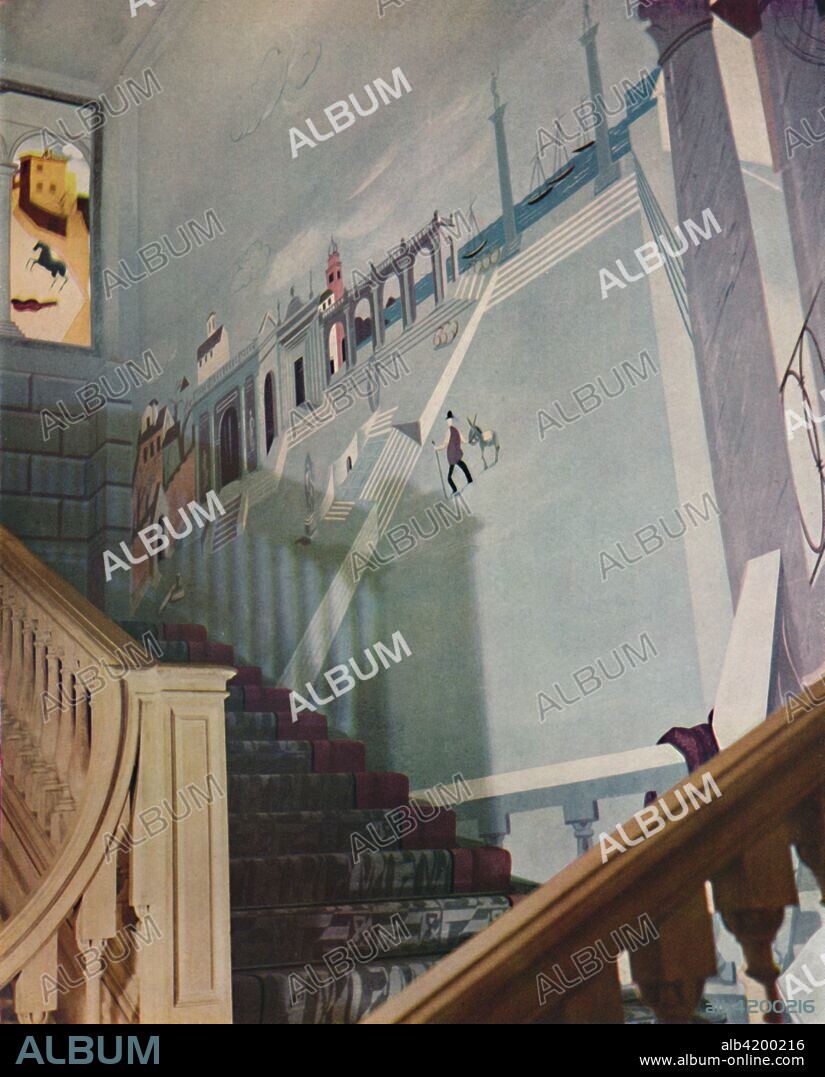 'Painted fresco for a staircase', 1933. Designed by Nicolas De Molas, in the 'new Contemporary Decoration Department at Messrs. Fortnum & Mason's'. From Decorative Art 1933 - Year-Book of The Studio, edited by C. G. Holme. [The Studio Ltd., London, 1933].