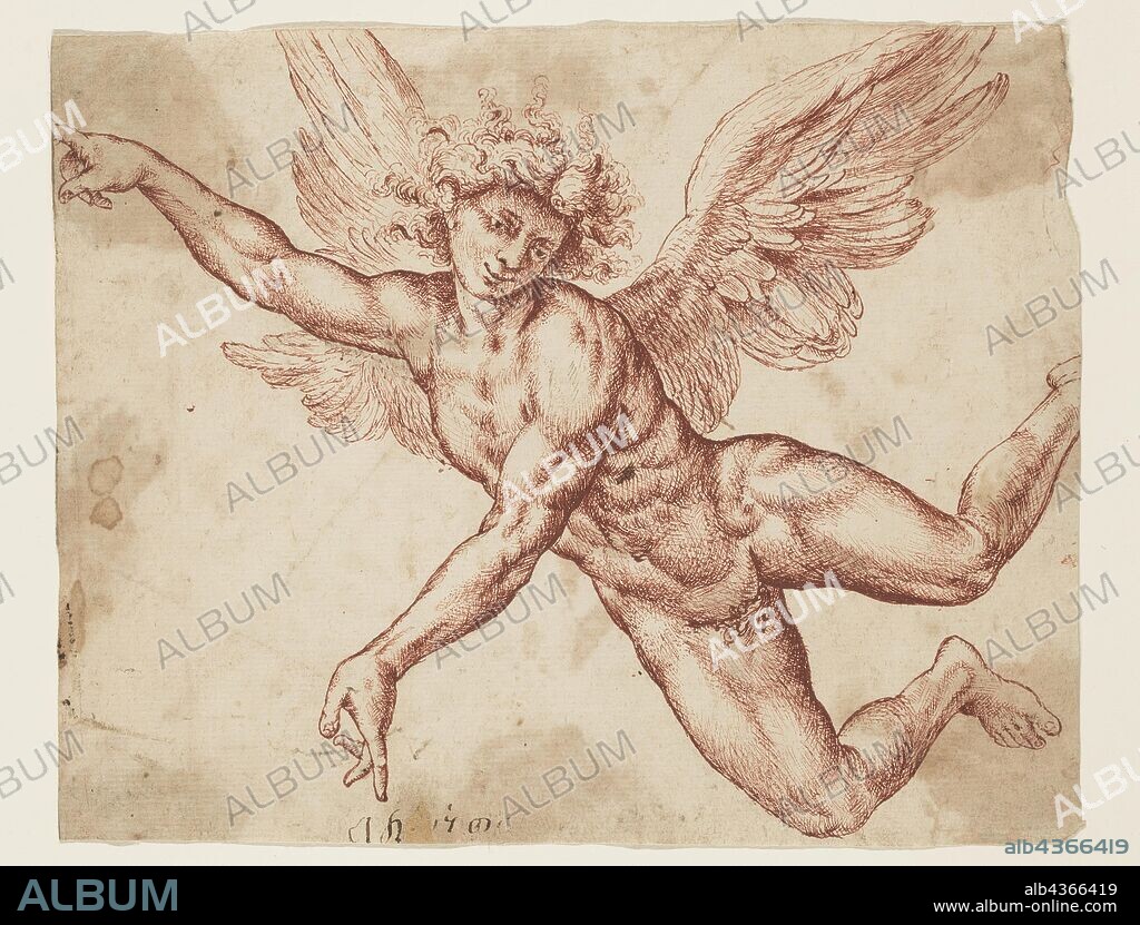 Unknown (Dutch), after Jan de Bisschop, Dutch, 1628-1671, Flying Angel, 17th century, pen and sienna and brown ink on cream laid paper, Sheet: 6 1/2 × 8 1/8 inches (16.5 × 20.6 cm).