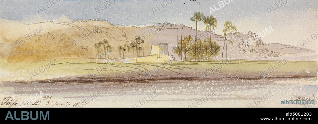 Tafa, 10:15 am, 31 January 1867 (289), Edward Lear, 18121888, British, 1867, Watercolor with pen and brown ink over graphite on thick, moderately textured, cream wove paper, Sheet: 2 3/8 × 7 inches (6 × 17.8 cm), landscape, palm trees, river, riverbank, ruins, sky, temple, Africa, Egypt, Nile, Nubia, Nubia, Temple of Taffeh.