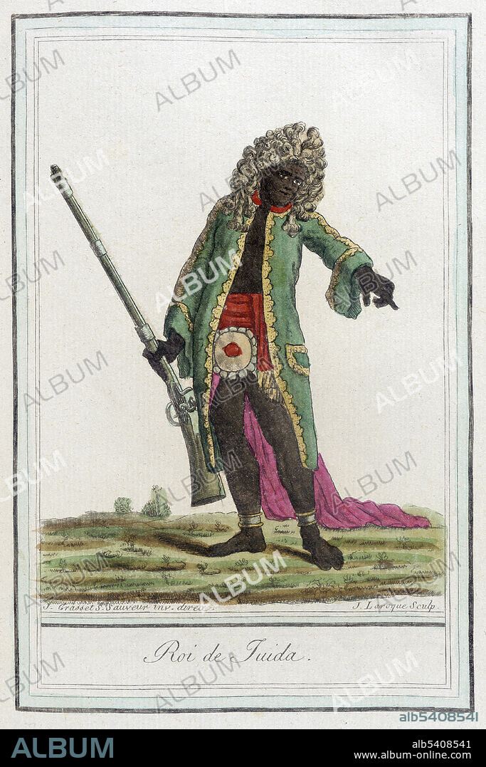 Roi de Juida. King of Juida. Haffon (1695-1727) was the last ruler of the Kingdom of Whydah before it was captured by the forces of Dahomey in 1727. Haffon became King of Whydah in 1708. He was not crowned in a formal ceremony at Savi until 1725. His coronation party included 40 of his favorite wives. The 1725 date is that given by Chevalier des Marchais but some modern scholars argue it happened in 1717-18. Ouidah or Whydah, formerly the Kingdom of Whydah, is a city on the coast of the Republic of Benin. Whydah troops pushed their way into the African interior, capturing millions of people through tribal wars, and selling them to the Europeans and Arabs. By 1716, when the massive English slave ship Whydah Gally arrived to purchase 500 slaves from King Haffon to sell in Jamaica, the Kingdom of Whydah had become the second largest slave port in the Triangular trade. Costumes of Different Countries, hand-tinted engraving by Labrousse, published by Jacques Grasset de Saint-Sauveur, 1797.