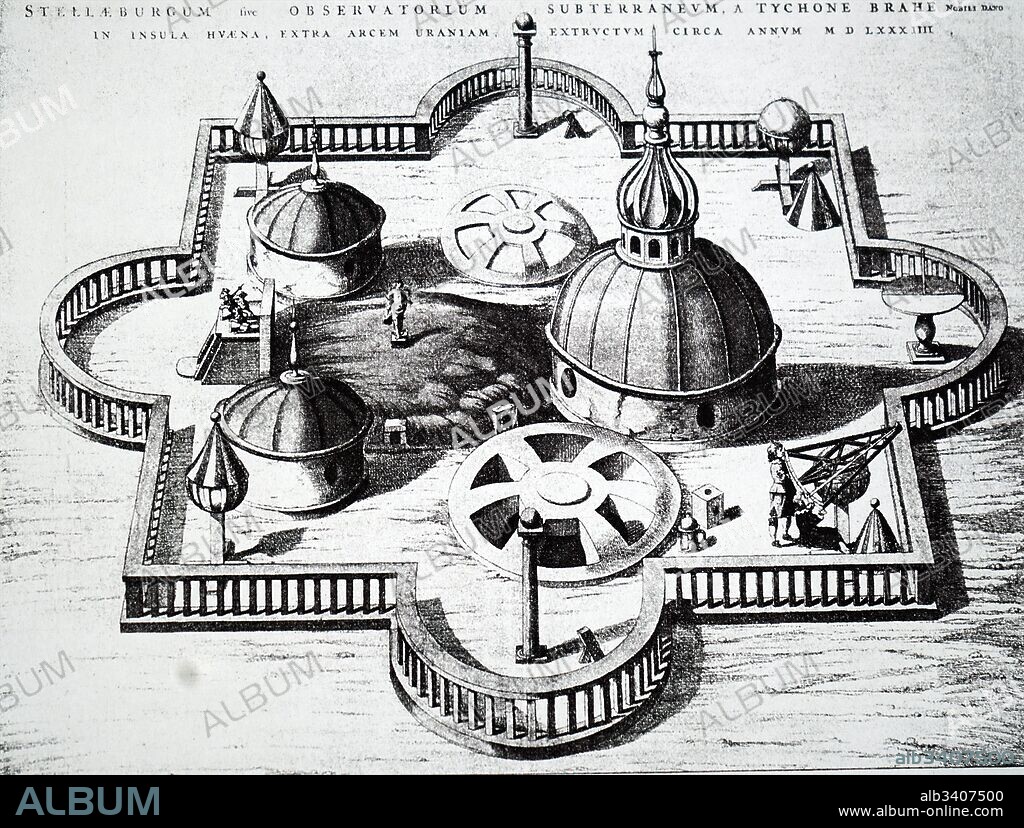 Engraving depicting Tycho Brahe's Observatory in Uraniborg, a school in Sweden. Tycho Brahe (1546-1601) a Danish nobleman. Dated 17th Century.