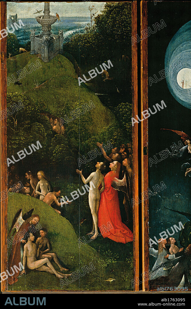 The Blessed and the Damned Souls (Visions of the Afterlife) -The Terrestrial Paradise, by Van Aeken Joren Anthoniszoon known as Bosch Hieronymus, 16th Century, 1500-1504, oil on panel, cm 87 x 40. Italy, Veneto, Venice, Doges Palace.