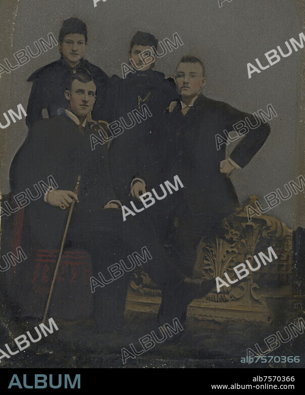 Portrait of two young men and two young women; United States; 1860s - 1880s; Hand-colored tintype; Sheet: 21.6 × 6.3 cm (8 1,2 × 2 1,2 in.).