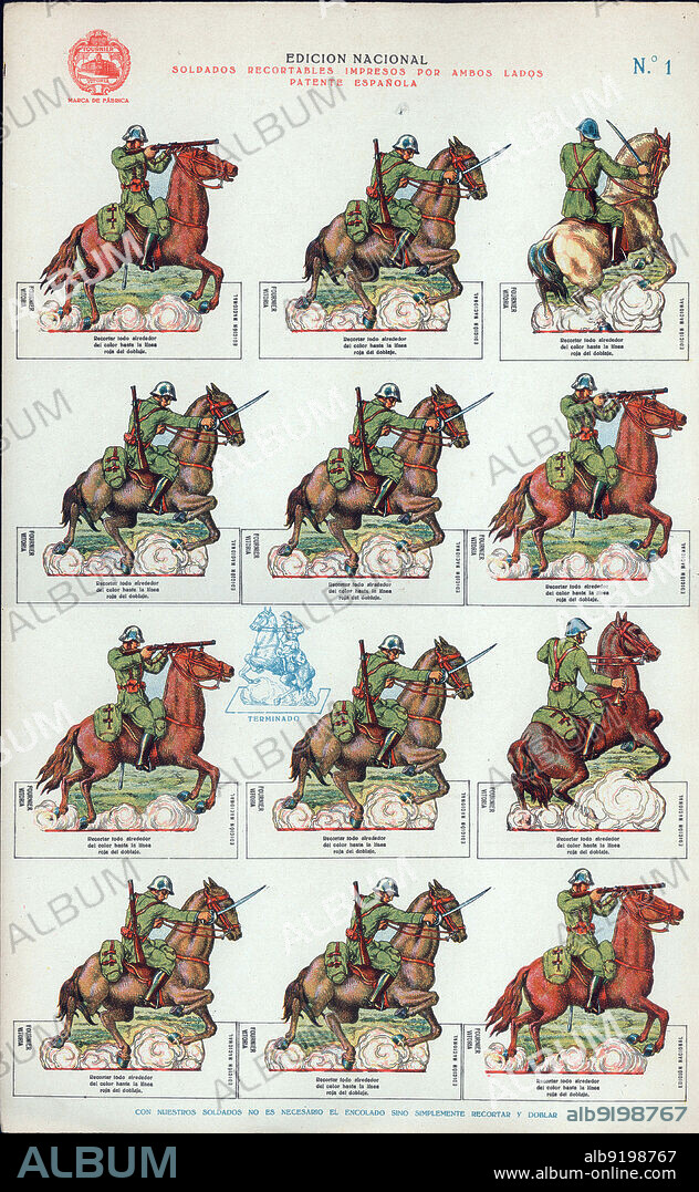 España. Hoja recortable infantil. Caballería del ejército español. Editado por Heraclio Fournier, de Vitoria. Años 1937. Reverso.