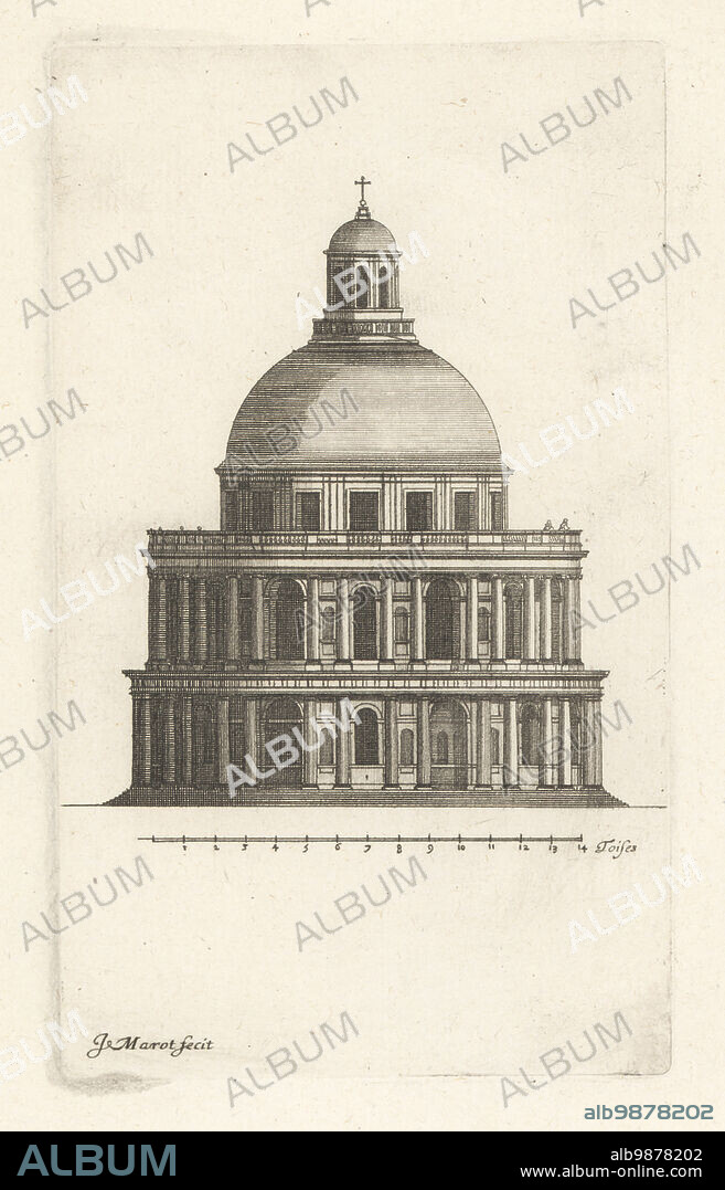 Elevation of the exterior of the Valois Mausoleum at the Basilica of St Denis. Built in the 16th century, Notre-Dame-de-la-Rotonde was modeled on circular Roman temples. The third level dome was never finished and the rotunda demolished in 1719. Elevation du dehors de la Sepulture des Rois des Valois a St. Denis. Copperplate engraving drawn and engraved by Jean Marot from his Recueil des Plans, Profils et Elevations de Plusieurs Palais, Chasteaux, Eglises, Sepultures, Grotes et Hotels, Collection of Plans, Profiles and Elevations of Palaces, Castles, Churches, Tombs, Grottos and Hotels, chez Mariette, Paris, 1655.
