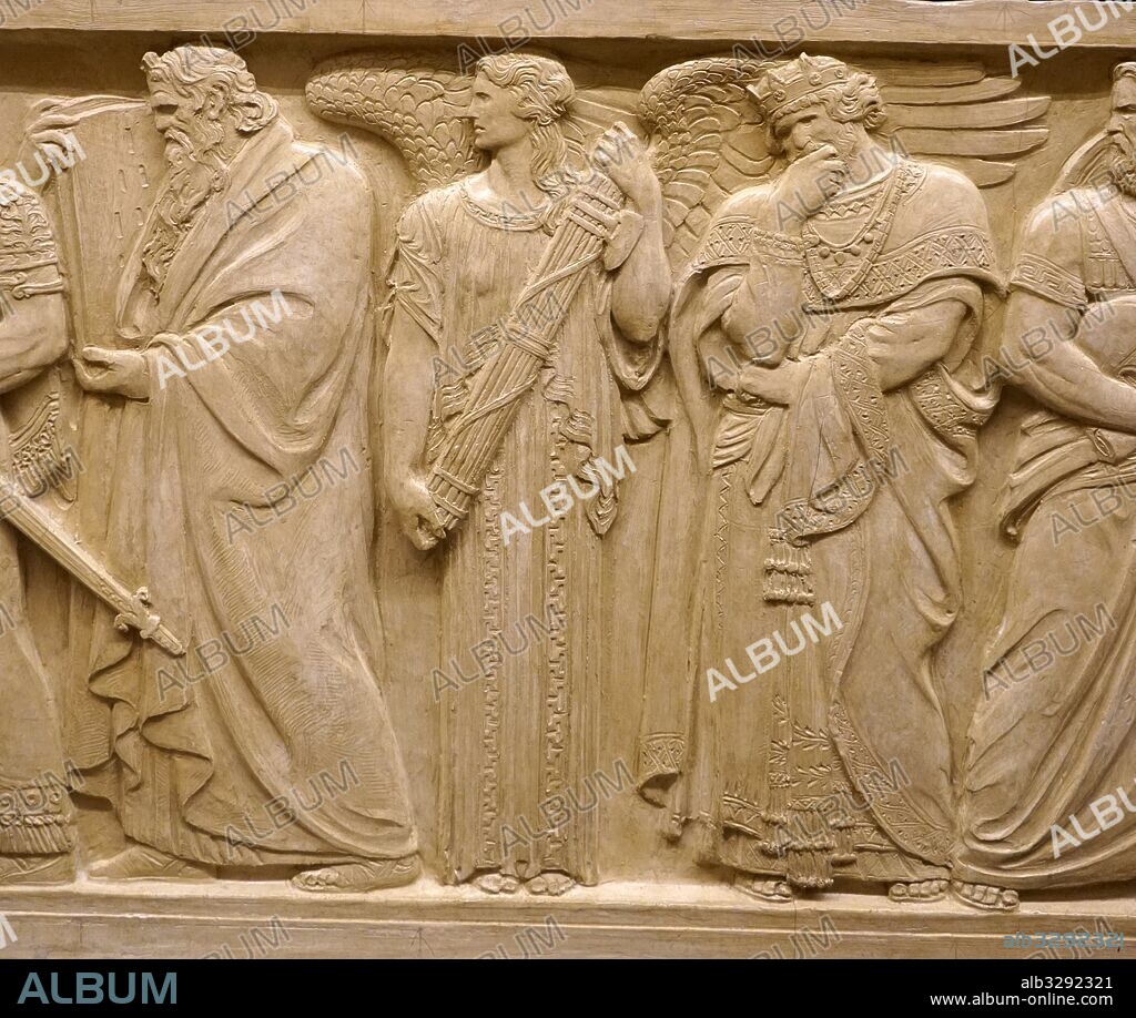 Relief depicting Hebrew prophet Moses. On the Right of Moses is seen the figure of Austerity. King Solomon of Biblical Israel is seen hand supporting head in contemplation. US Supreme Court, Washington DC. USA.