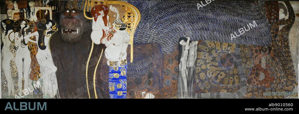 The Beethoven Frieze is a painting by Gustav Klimt on display in the Secession Building, Vienna, Austria. In 1901, Klimt painted the Beethoven Frieze for the 14th Vienna Secessionist exhibition in celebration of the composer. Meant for the exhibition only, the frieze was painted directly on the walls with light materials. The frieze illustrates human desire for happiness in a suffering and tempestuous world in which one contends not only with external evil forces but also with internal weaknesses.