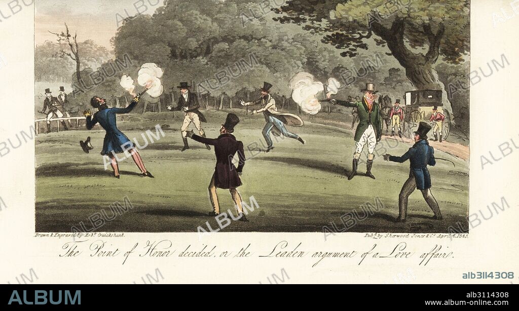 Regency gentlemen fighting a duel with pistols in Hyde Park. The Point of Honor decided on the Leaden argument of a Love Affair. Handcoloured copperplate drawn and engraved by Robert Cruikshank from The English Spy, London, 1825. Written by Bernard Blackmantle, a pseudonym for Charles Molloy Westmacott.