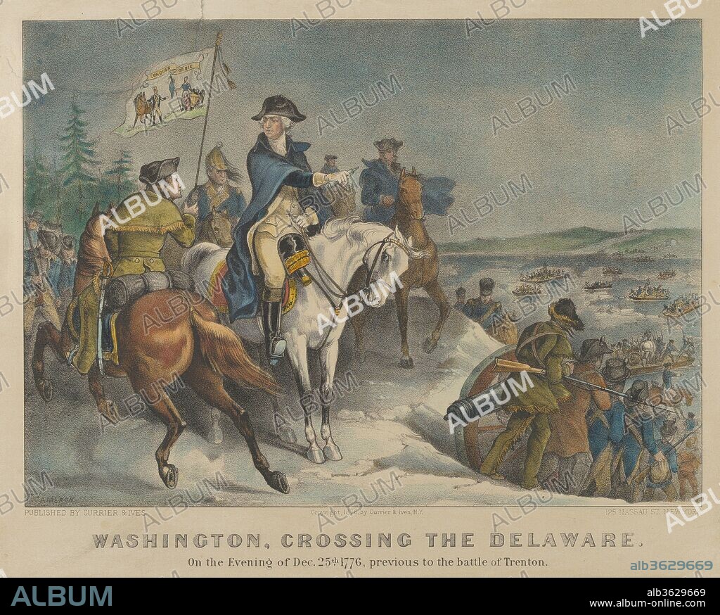 Washington, Crossing the Delaware-On the Evening of Dec. 25th 1776, previous to the Battle of Trenton. Artist: After John Cameron (American (born Scotland), ca. 1828, active New York 1848-62). Dimensions: Image: 8 15/16 × 12 3/8 in. (22.7 × 31.5 cm)
Sheet: 11 7/8 × 15 1/8 in. (30.1 × 38.4 cm). Publisher: Currier & Ives (American, active New York, 1857-1907). Sitter: George Washington (American, 1732-1799). Date: 1876.
Scene from the American Revolution. George Washington at left on horseback points to the river as the troops embark across the river in rowboats.