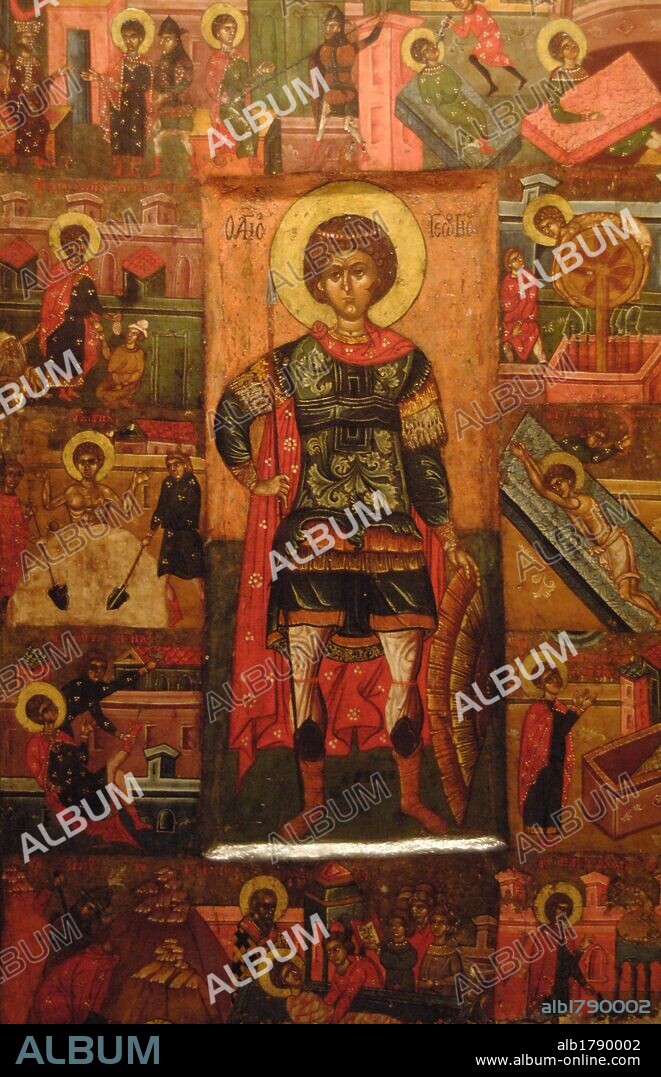JORGE, San. Mártir cristiano del siglo II, representado como un joven con armadura. Icono post bizantino procedente de la Iglsia de San Nicolás. S. XVI. Museo de Arte Medieval. Korça. República de Albania.