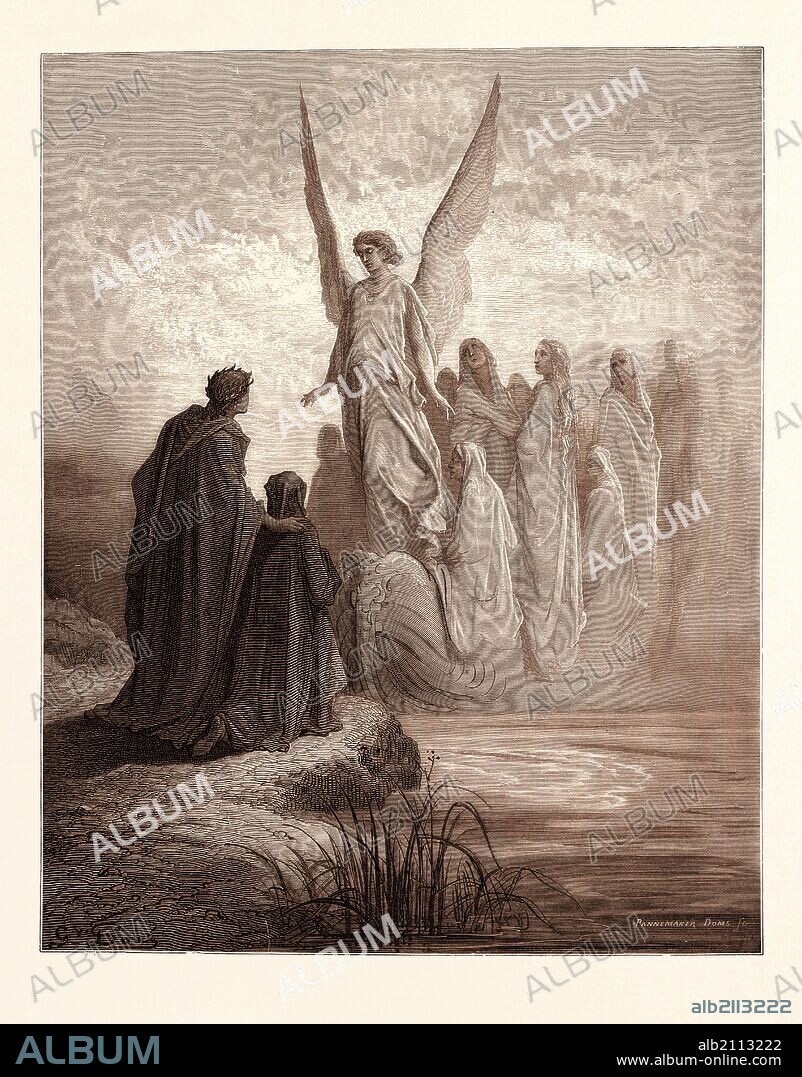 THE BOAT OF SOULS, BY GUSTAVE DORÉ. Gustave Dore, 1832 - 1883, French. Engraving for the Purgatorio by Dante. Wood engraving by Pannemaker and Doms after Gustave Dore, with signatures in the print, 1870, romanticism, colour, color engraving.
