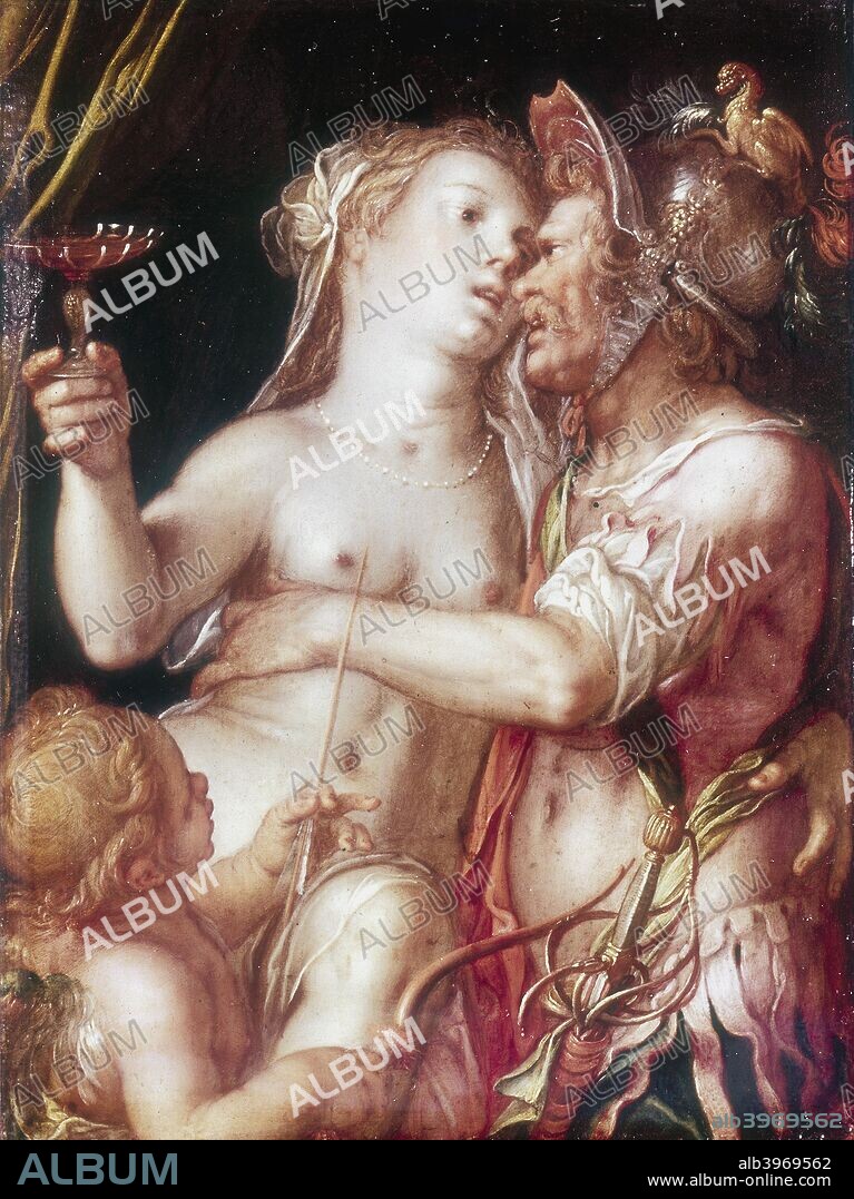 'Mars and Venus', late 16th-early 17th century. In the Roman pantheon Mars was the god of War, and Venus the goddess of beauty and love. Her husband, Vulcan, was god of fire and metal working. Cupid with his bow and arrow looks on.