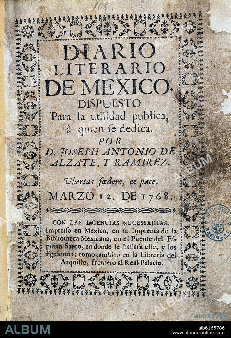JOSÉ ANTONIO ALZATE. DIARIO LITERARIO DE MEXICO-12-3-1768.