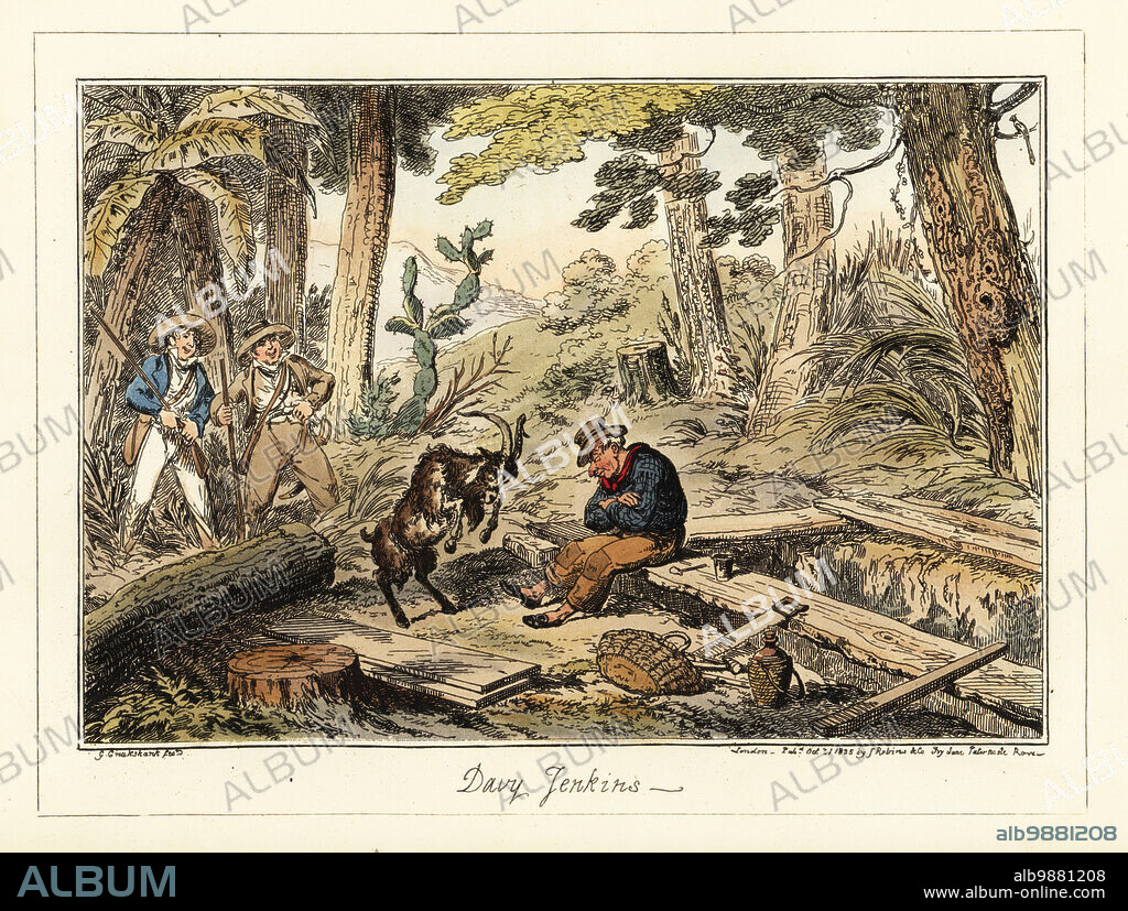 Royal Navy ship's carpenter's mate Barney Bryan sleeping next to a saw pit in a Brazilian jungle. He sits on the edge of the pit as a goat prepares to butt him. Two Royal Navy sailors watch and laugh. A bottle of grog, saw, basket, planks, lumber, on the ground. Davy Jenkins. Handcoloured lithograph by George Cruikshank from Greenwich Hospital, a Series of Naval Sketches, by An Old Sailor (Matthew H. Barker), published by James Robins, London, 1826.