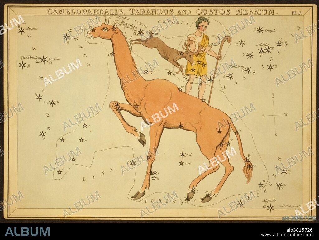 Astronomical chart showing a camel, shepherd, and reindeer formimg the constellations. Camelopardalis is a large but faint constellation. It was created by Petrus Plancius in 1613 to represent the animal Rebecca rode to marry Isaac in the Bible. Some older astronomy books give an alternative spelling of the name, Camelopardus. Tarandus was a small constellation located between the constellations of Cassiopeia and Camelopardalis. It is also known as Rangifer. It was created by the French astronomer Pierre Charles Le Monnier in 1736 to commemorate the expedition of Maupertuis to Lapland. The constellation is no longer in use. Custos Messium was a constellation created by JÃ©rome Lalande in 1775 to honor Charles Messier. It was located between the constellations of Camelopardalis, Cassiopeia and Cepheus. It is no longer recognized. Urania's Mirror is a boxed set of 32 constellation cards first published by Samuel Leigh of the Strand, London, in or shortly before 1825. An unidentified lady, referred to by her nom-de-plume, Jehoshaphat Aspin, designed these whimsical astronomy cards. The engraver was Sidney Hall.