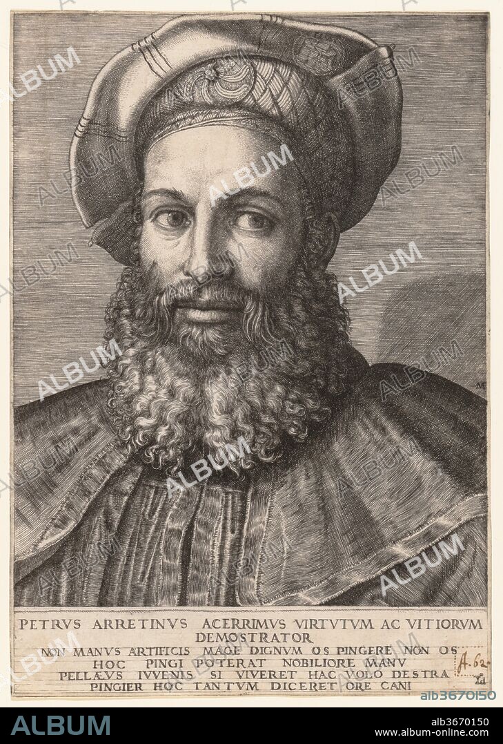 Portrait of Pietro Aretino. Artist: Marcantonio Raimondi (Italian, Argini (?) ca. 1480-before 1534 Bologna (?)); After (?) Titian (Tiziano Vecellio) (Italian, Pieve di Cadore ca. 1485/90?-1576 Venice). Dimensions: Sheet: 8 3/8 × 5 7/8 in. (21.3 × 15 cm). Date: ca. 1517-20.
Often regarded as the first modern pornographer, the poet and satirist Pietro Aretino (1492-1556) penned some of the most lurid and salacious verses of the sixteenth century, most famously the sixteen sonnets he wrote to accompany Giulio Romano's I modi and the erotic dialogues featuring a worldly-wise puttana (prostitute) Nanna conversing in explicit and lively detail about endless and infinitely varied sexual adventures--her own and those of innumerable others that she surreptitiously witnessed.
Marcantonio Raimondi's engraved portrait of Aretino was probably designed by the Venetian painter Sebastiano del Piombo, although the name of Giulio Romano--with whom Marcantonio collaborated on I modi--has also been proposed. It may date from the early moment of his career, when Aretino was still an unknown newcomer to Rome and he and Giulio were working for the wealthy papal banker Agostino Chigi; an alternative view is that the print was executed about 1525 as an expression of gratitude by Marcantonio to Aretino, who had negotiated the engraver's release from prison after the scandal of I modi.
Aretino's dignified mien and elegant costume impart to him the refined aspect of Renaissance courtier. That facade is belied by his conspicuous hat badge--an invocation of the satirist's transgressive, obscene pronouncement that the phallus should be venerated and displayed as proudly "as a medal in one's hat.".