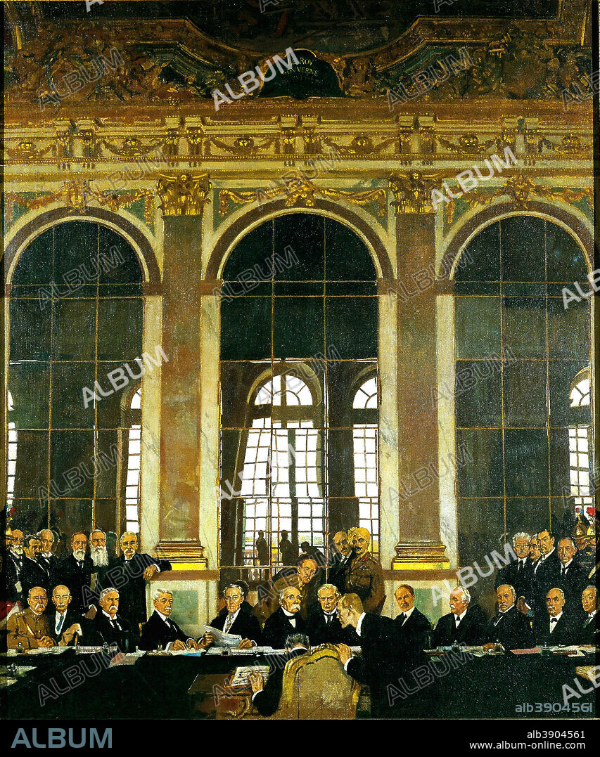 WILLIAM ORPEN. The Signing of Peace in the Hall of Mirrors, Versailles, 28th June 1919. Date/Period: 1919. Painting. Oil. Height: 1,524 mm (60 in); Width: 1,270 mm (50 in).