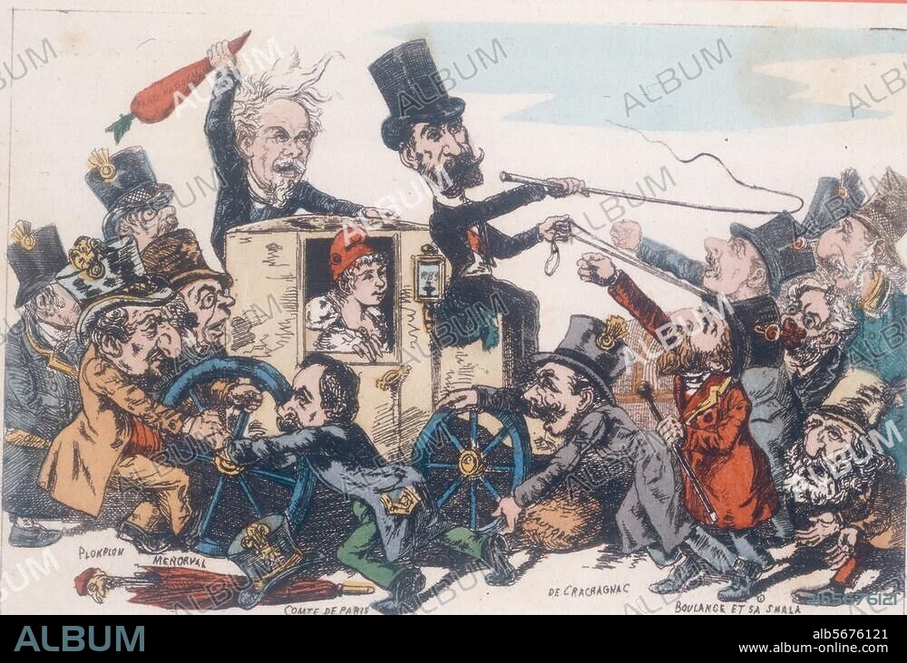 Frankreich / Dritte Republik, 1870-1914. Karikatur auf den Streik der Kutscher (ab 13. Juni 1889): Der französische Staatspräsident Sadi Carnot auf dem Kutschbock. Federlithographie, koloriert, von C. Tournier. Aus: Zeitschrift Le Grelot. Paris, Privatsammlung.