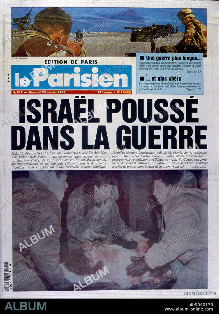 Headline in 'Le Parisien' a French newspaper, 23rd January 1991, concerning a missile attack on Israel during the Gulf War (2 August 1990 28 February 1991). codenamed Operation Desert Shield and Operation Desert Storm, the war waged by coalition forces from 35 nations led by the United States against Iraq in response to Iraq's invasion and annexation of Kuwait. the pictures show French filed commanders and the French War cabinet under President Mitterrand.