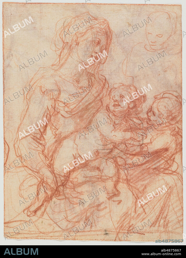 Francesco Vanni, The Holy Family with Saint John (recto), 1584-1610, red chalk over black chalk on paper, 7 in. x 5 1/4 in. (17.78 cm. x 13.4 cm.), This double-sided drawing experiments with different compositions of one of the most beloved figurative groups in Italian art, the Madonna and Child. While the recto presents an intimate scene that brings together Jesus and Saint John in their infancy, with Mary thoughtfully providing motherly support, the verso focuses on Mary and her child alone. The appeal of the scenes is obvious, each compositional nuance translates into a slightly different emotional (and theological) balance between motherly love, a child's affection, and the anticipation of Christ's sacrifice. As Bowdoin Professor Susan Wegner demonstrated, Vanni's rapid sketch relates to a group of small paintings of the Madonna that Vanni created around 1600. The Sienese artist most likely filled a larger sheet with such drawings, from which the exhibited detail was cut off.